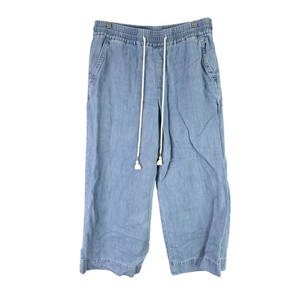 Womens Loft Blue Cropped Wide Leg Pants Elastic Waist Drawstring Cotton Blend M